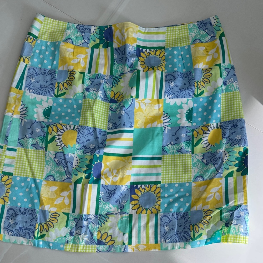 Women's Patchwork Print Mini Skirt - Blue, Yellow & Green 19”
